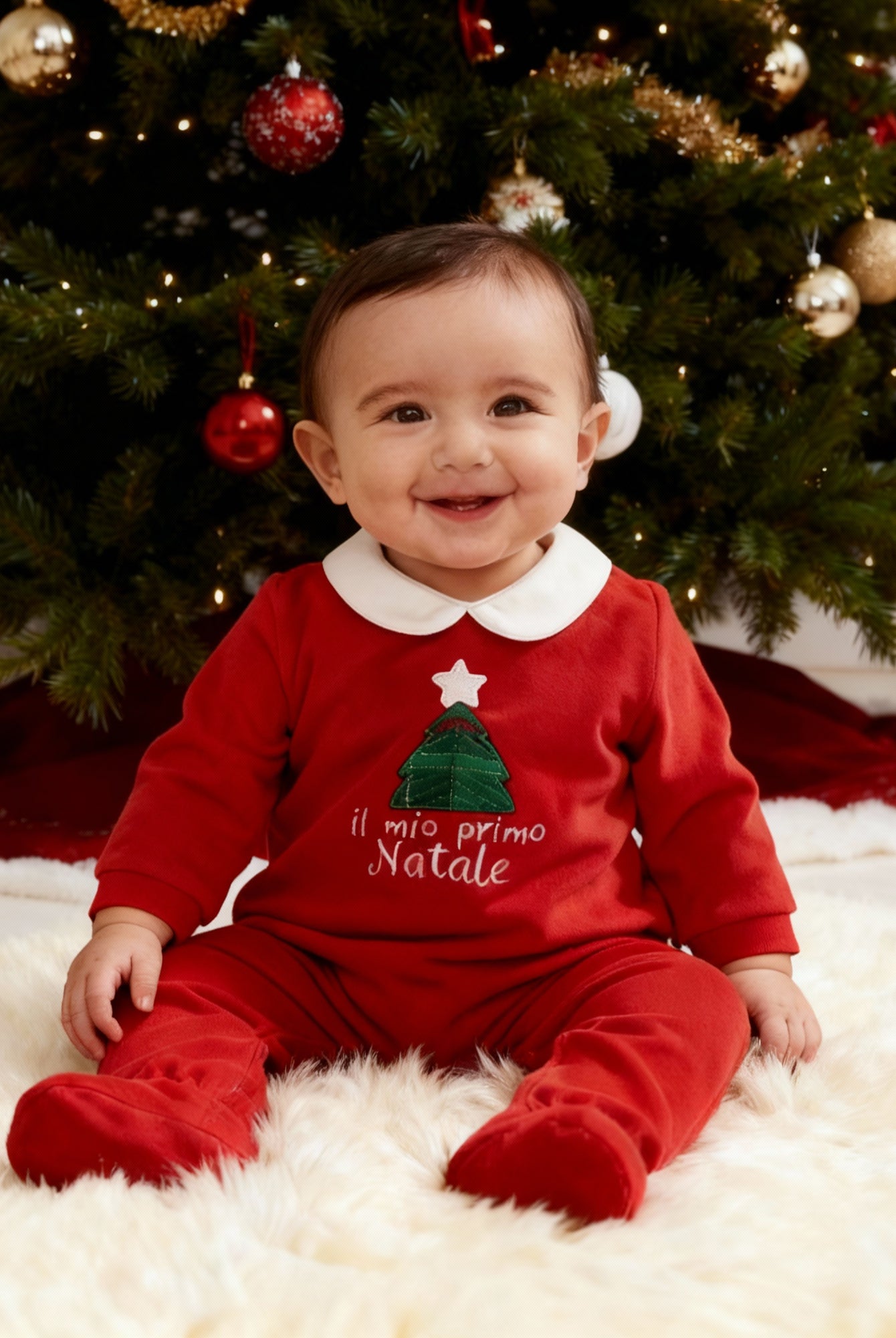 Der weiche und wärmespendende Weihnachtsstrampler von AMIO Firenze mit Kragen und Tannenbaumapplikation ist der perfekte Begleiter für den Alltag in der kalten Jahreszeit. Maximaler Tragekomfort, gepaart mit einer herausragenden Passform aus Samt (Ciniglia). Das Modell hat einen praktischen Schnitt, um etwa die Windel schnell und unkompliziert wechseln zu können. Die bestickte Widmung "Mein erstes Weihnachten" verleiht dem Strampler eine besonders festliche Note.