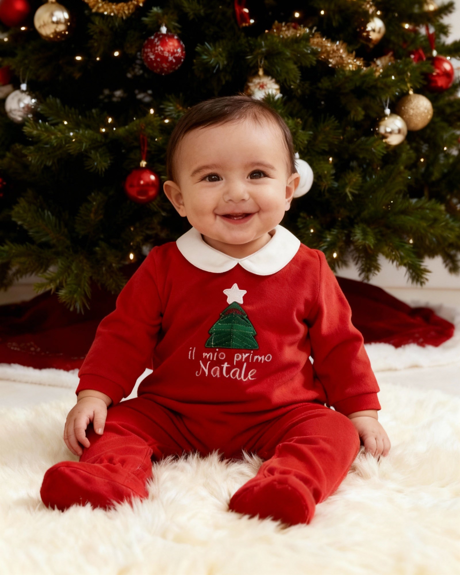 Der weiche und wärmespendende Weihnachtsstrampler von AMIO Firenze mit Kragen und Tannenbaumapplikation ist der perfekte Begleiter für den Alltag in der kalten Jahreszeit. Maximaler Tragekomfort, gepaart mit einer herausragenden Passform aus Samt (Ciniglia). Das Modell hat einen praktischen Schnitt, um etwa die Windel schnell und unkompliziert wechseln zu können. Die bestickte Widmung "Mein erstes Weihnachten" verleiht dem Strampler eine besonders festliche Note. 